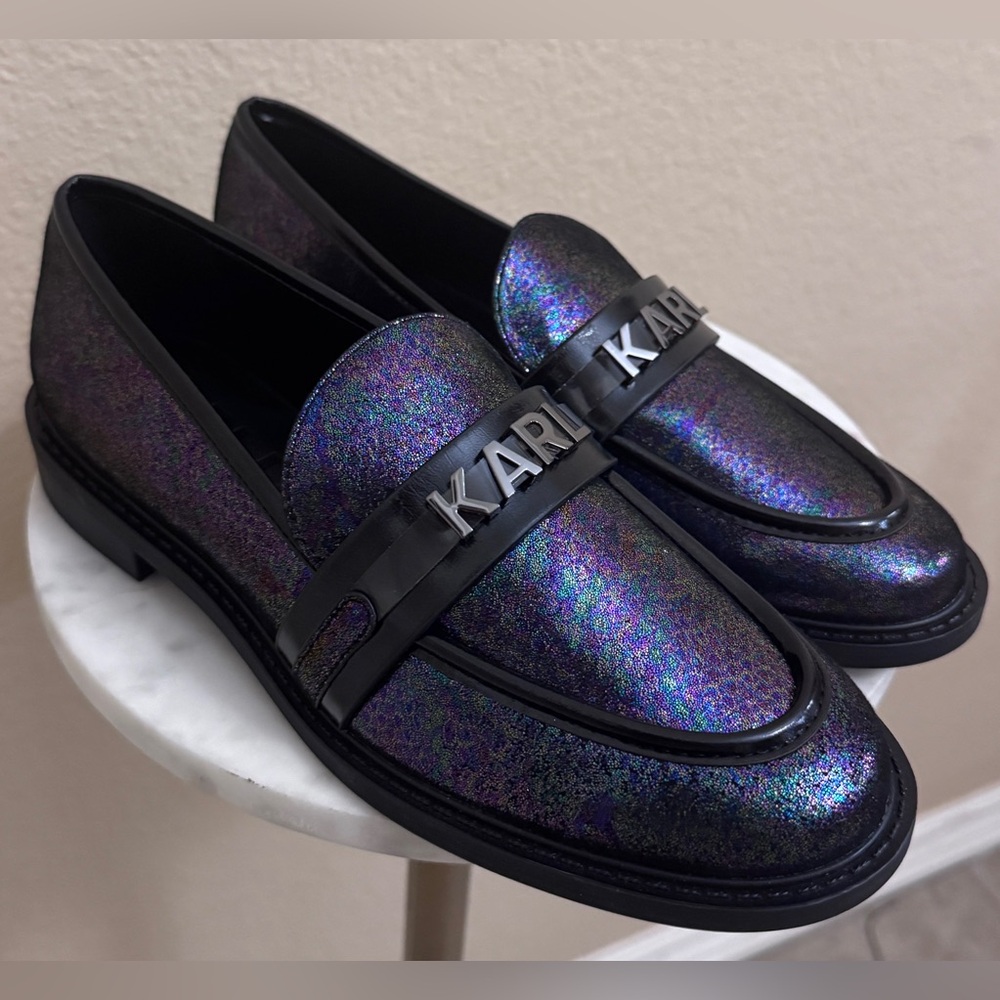 NEW Women Karl Lagerfeld Randall Classic holographic black chic leather loafers